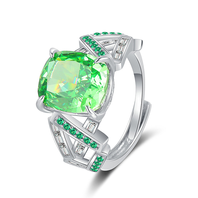 S925 Sterling Silver High Carbon Diamond Green Gemstone Adjustable Ring with Ice Flower Cut for Women
