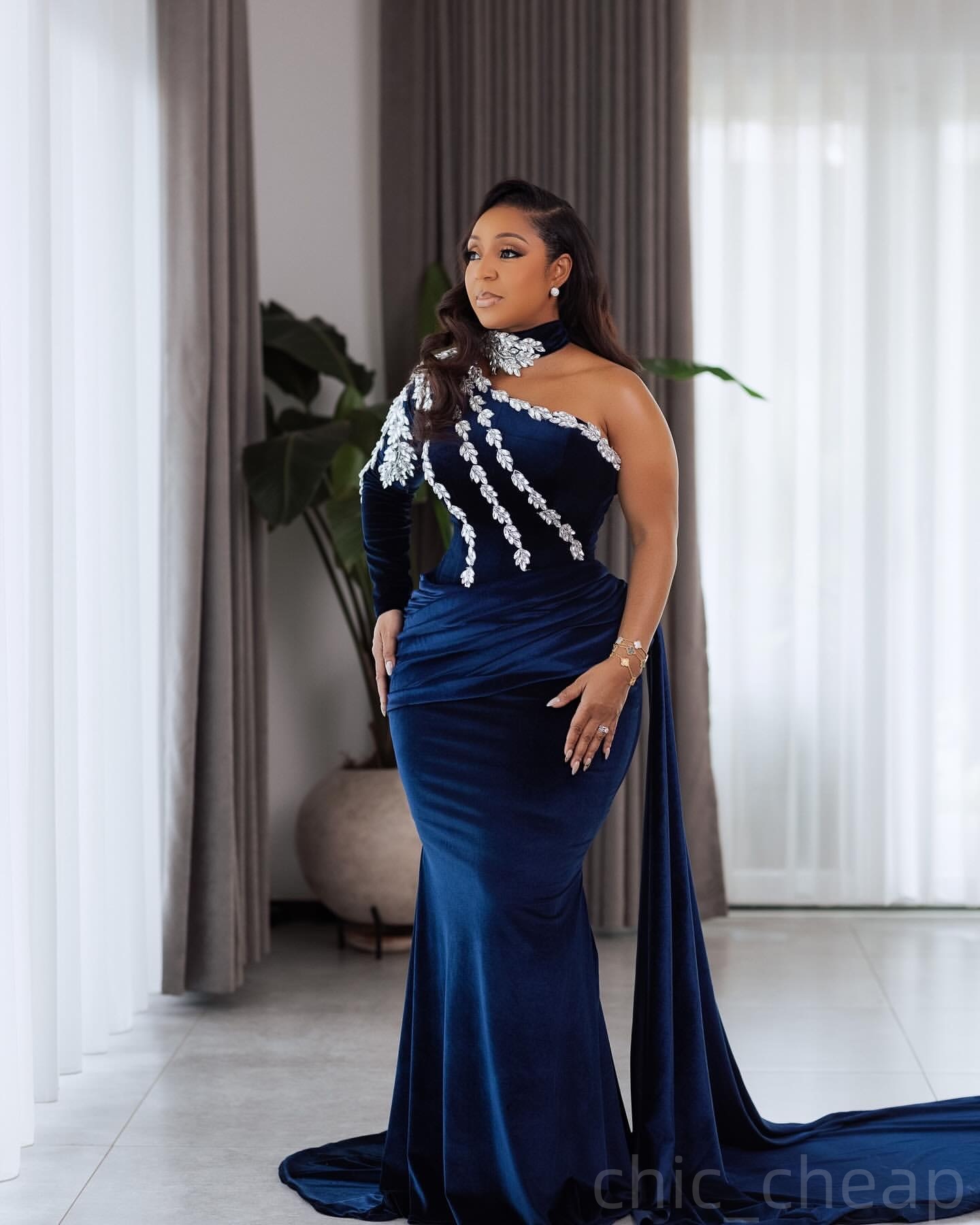 Navy Blue Mermaid Prom Dresses 2025 Crystals Velvet One Shoulder Evening Formal Party Second Birthday Engagement Gowns Plus Size Dress For Special Occ