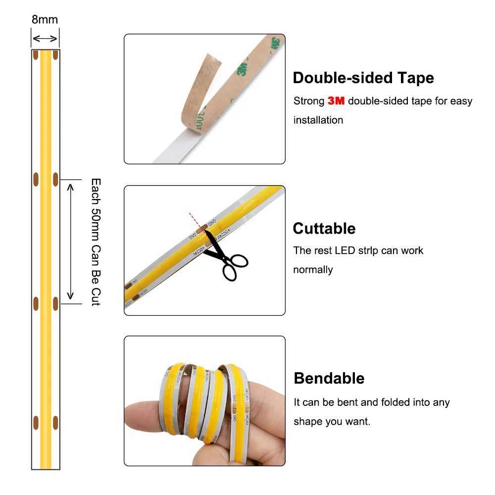 COB LED Strip Light 12V 24V 3mm 5mm 8mm 10mm PCB LED Strip Ice Blue/Green/Red/Yellow/2700K/3000K/4000K/6000K COB LED Tape Decor W250524