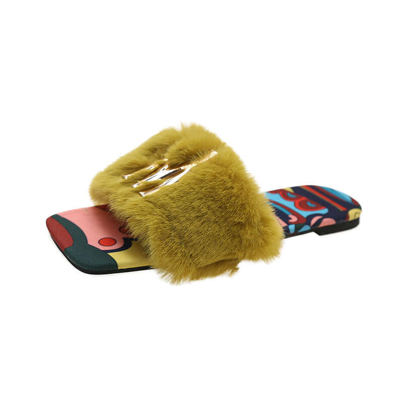 35-43 Large Hairy Slippers For Women's Summer Outerwear Fashion Sandals 2025 New Square Head Flat Slippers Designer Sandals