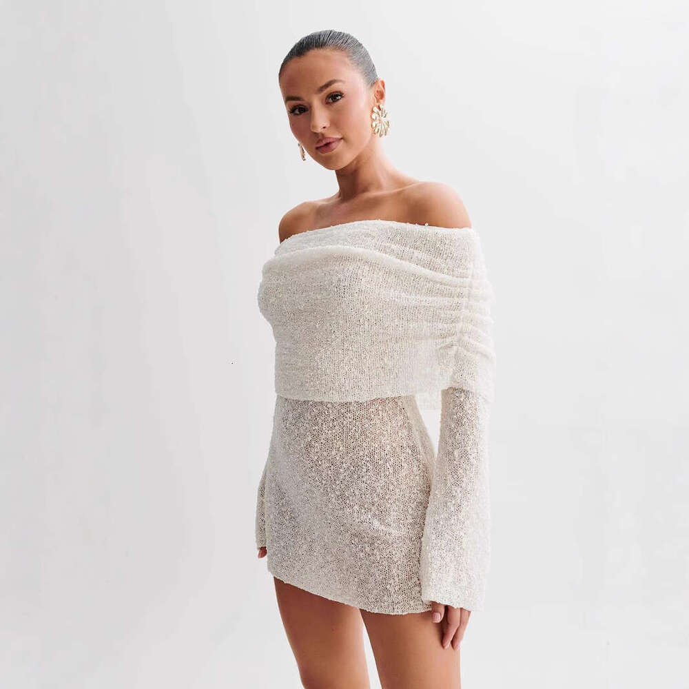 Maxi Dress New Knitted Short Beach Skirt Women S Sexy Perspective Long Sleeve One Shoulder Dress Long Dress