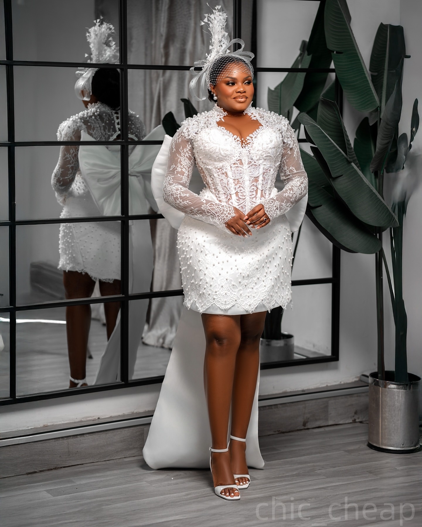 2025 Aso Ebi Plus Size White Wedding Dress Pearls Lace Sheath Knee Length Bow Full Sleeves Bridal Gowns Dresses ZJ055