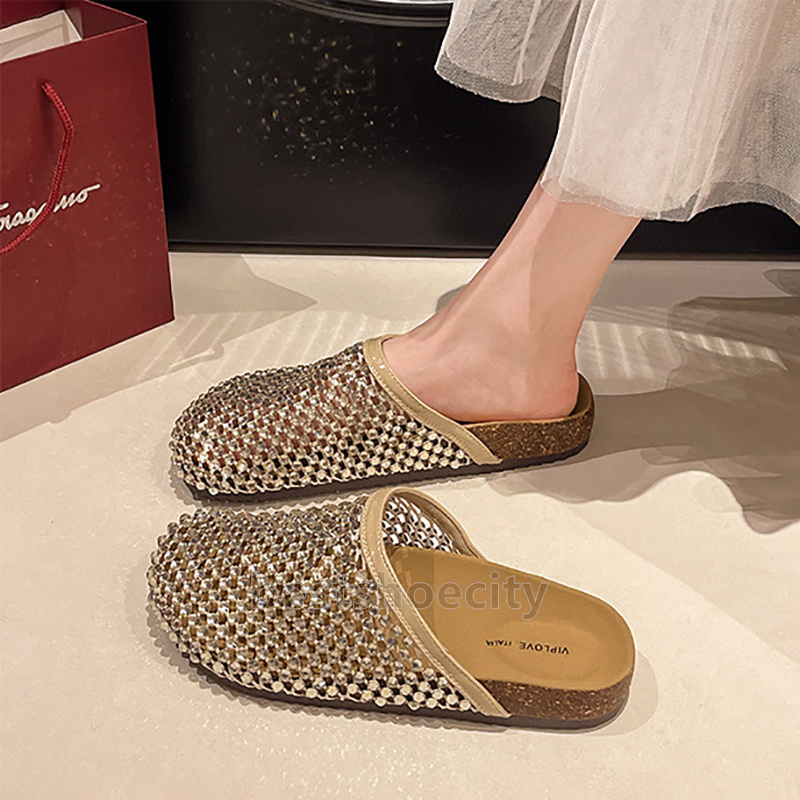 Rhinestone Beaded Shimmer Luxury Sandals Slides Clogs Slippers Fashion Womens Fishing Net Breathable Sliders Flats Heels Casual Comfort Mules Soft-sol