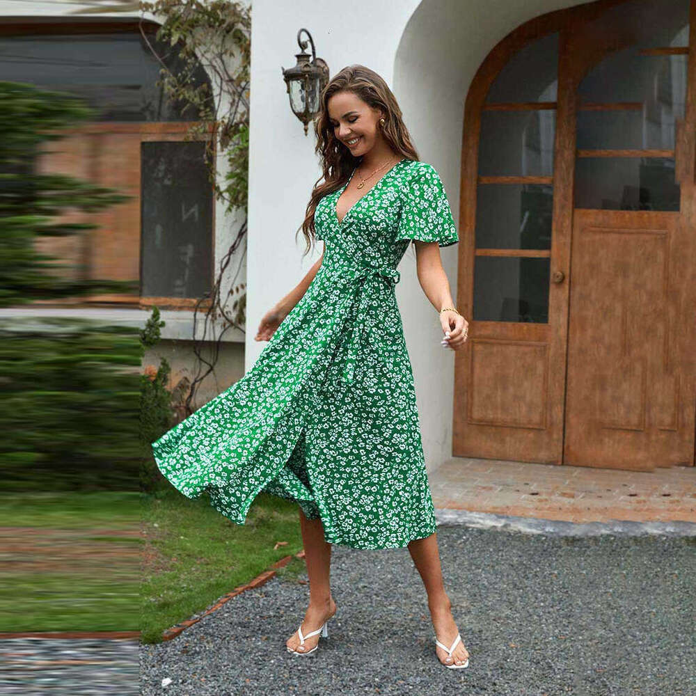 Maxi Dress Printed V Neck Short Sleeved Lace Up Cardigan Dress Long Skirt Floral Dress