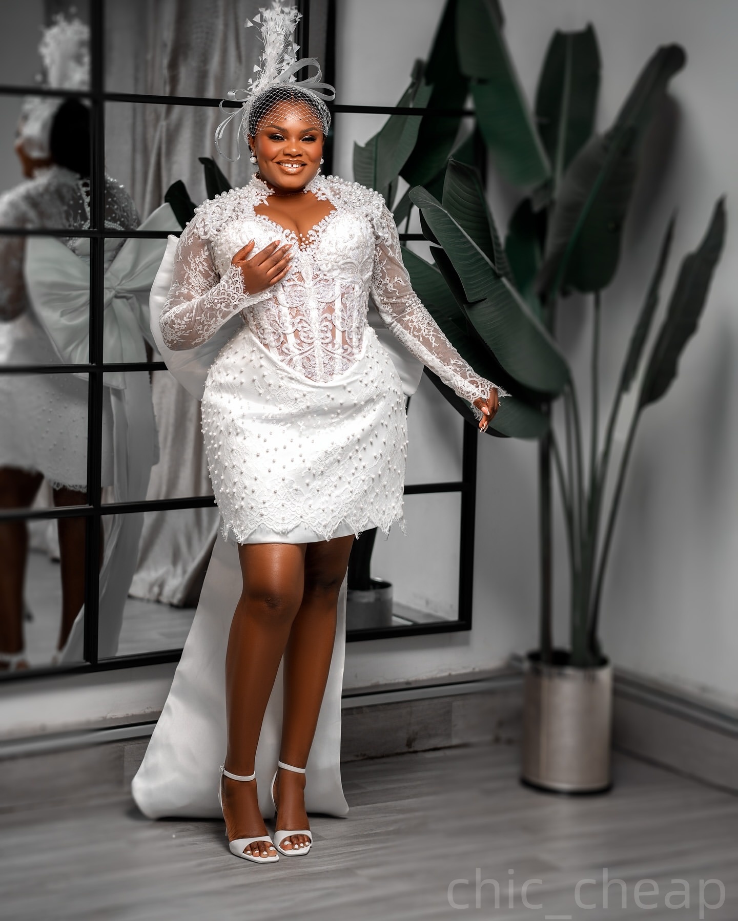 2025 Aso Ebi Plus Size White Wedding Dress Pearls Lace Sheath Knee Length Bow Full Sleeves Bridal Gowns Dresses ZJ055