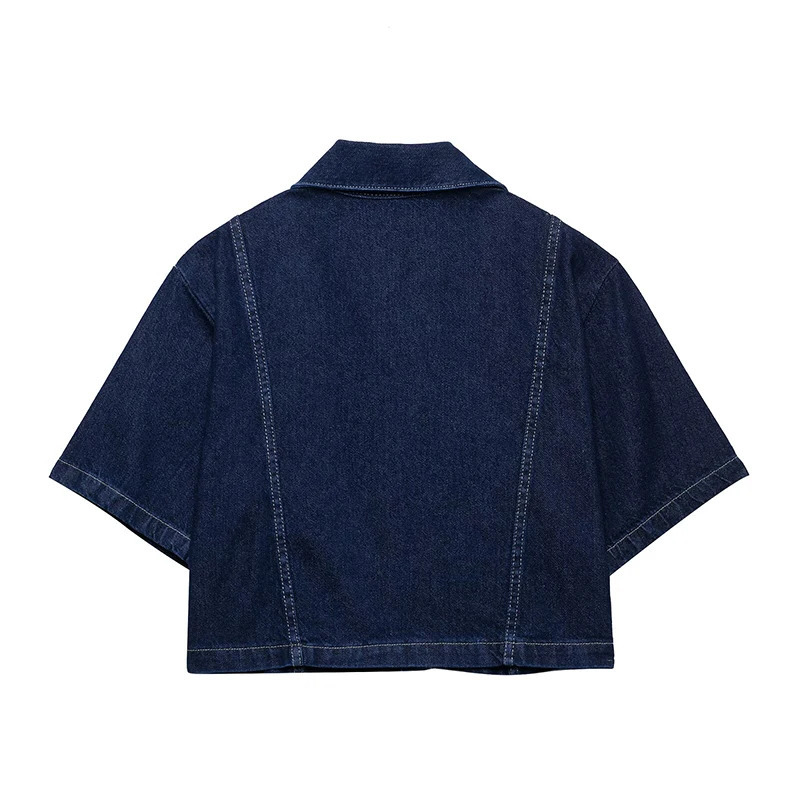 Willshela Women Fashion With Pockets Denim Blue Single Breasted Crop Blouse Vintage Lapel Neck Short Sleeves Female Lady Shirts 250517Z