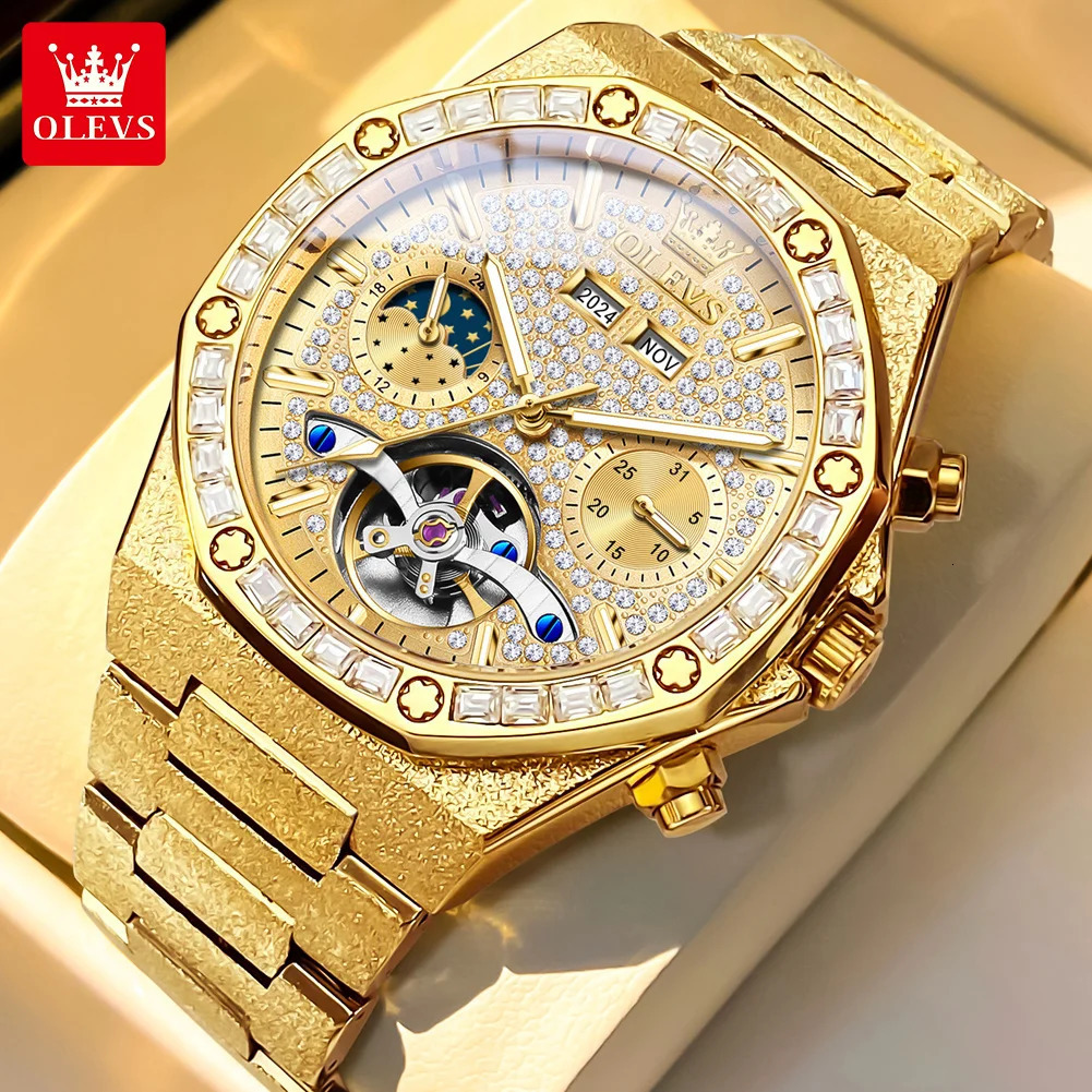 OLEVS 9805 High end Men Watches Waterproof Moon Phase Diamond Dial Fashion Mechanical Watch Skeleton Original Wristwatch 250603