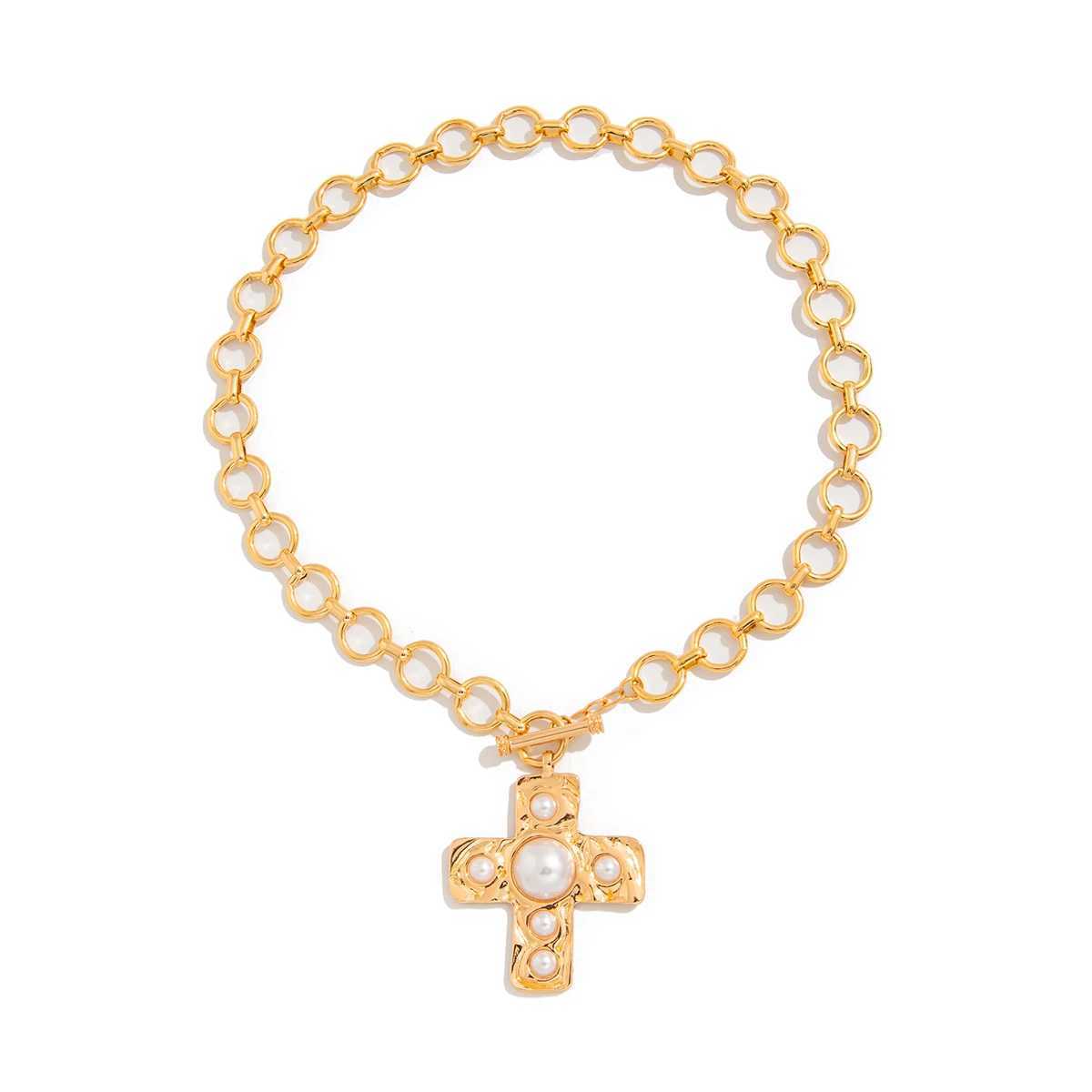 Salircon Creative Design Inlaid Imitation Pearl Cross Pendant Woman Necklace Trending Classic O-Shed Clavicle Chain Jewelry XJ250524