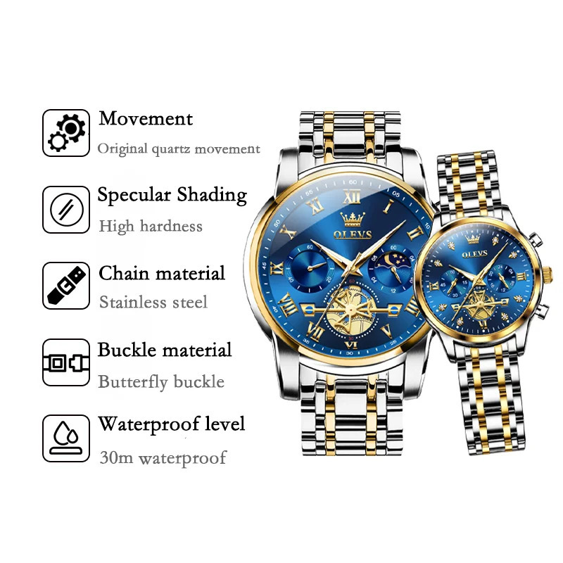 OLEVS Couple Watches Waterproof Luminous Stainless Steel Quartz Watch His and Hers Moon Phase Fashion Lovers Set 250603
