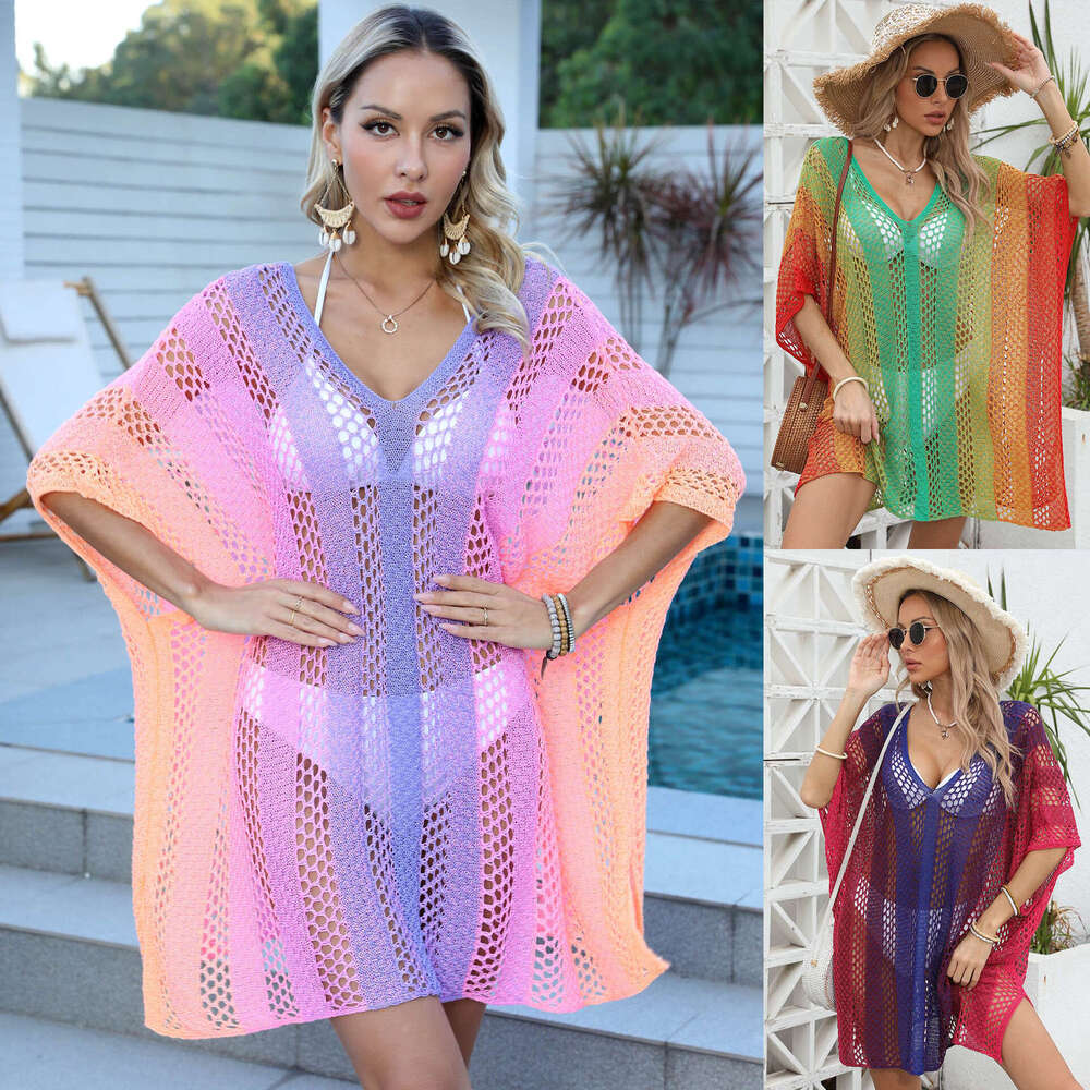 Maxi Dress Beach Vacation Cover Up For Women Gradient Color Hollowed Out Woven Shirt Loose And Casual Bikini Dress Long Dress