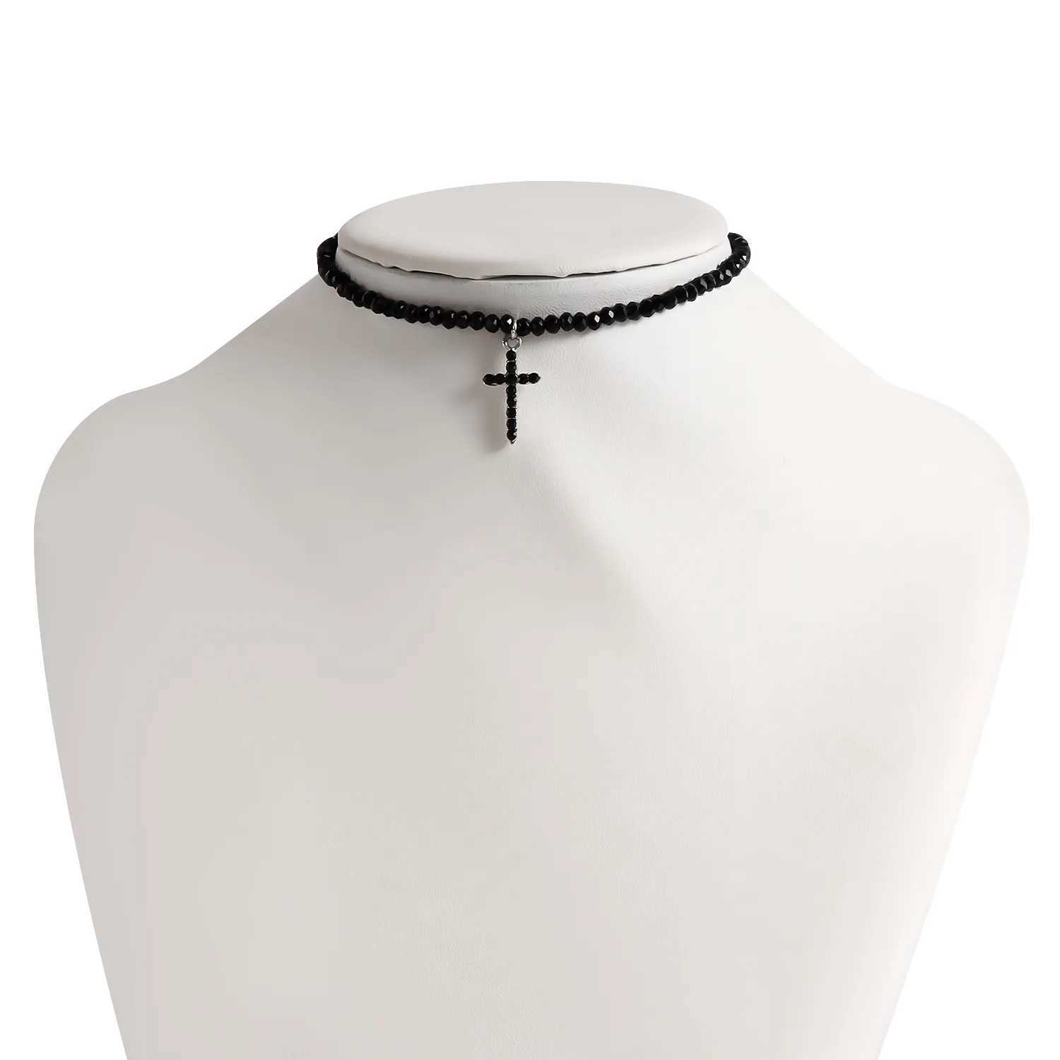 Simple Black Beads Necklace with Cross Pendant Female Jewelry Luxury Rhinestone Choker Necklaces Women Ladies Party Necklace XJ250524
