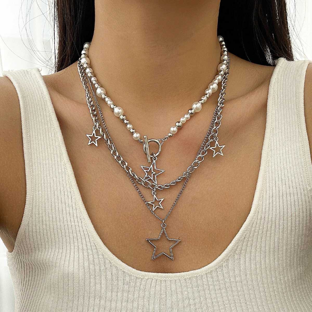 KunJoe Punk Silver Color Star Pendant Necklace for Women Men Imitation Pearl Multilayer Charm Choker Jewelry Collar Party Y2K XJ250524