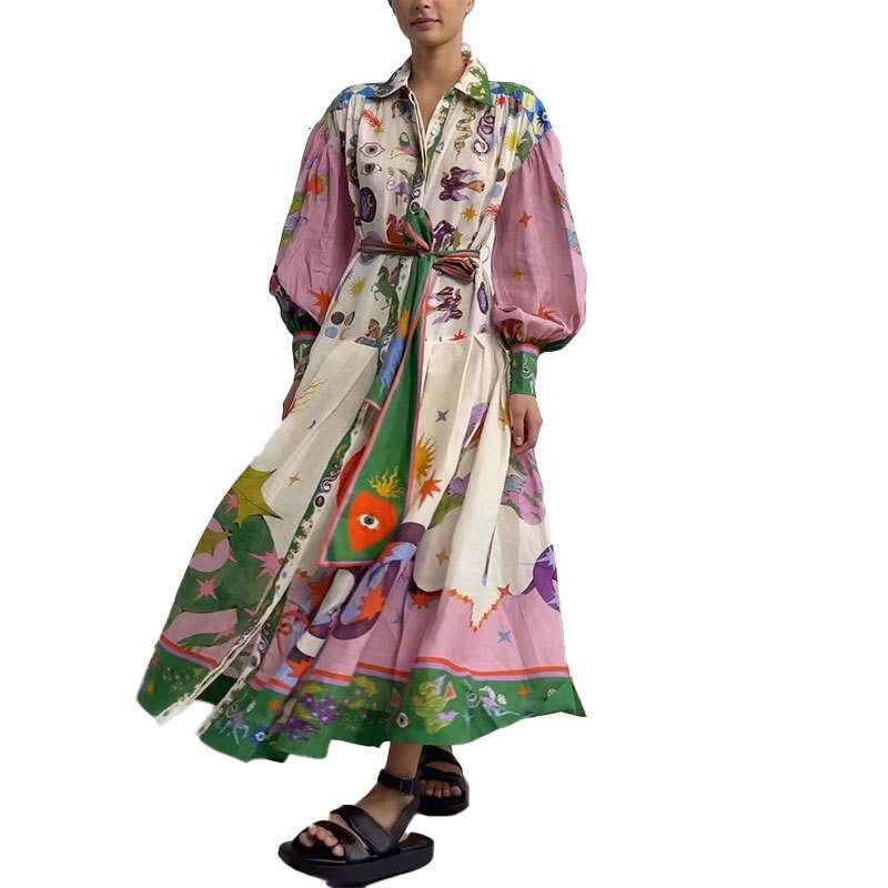 Maxi Dress Women S Casual Personalized Printed V Neck Tied Waist Long Sleeved Big Swing Dress For Women Floral Dress