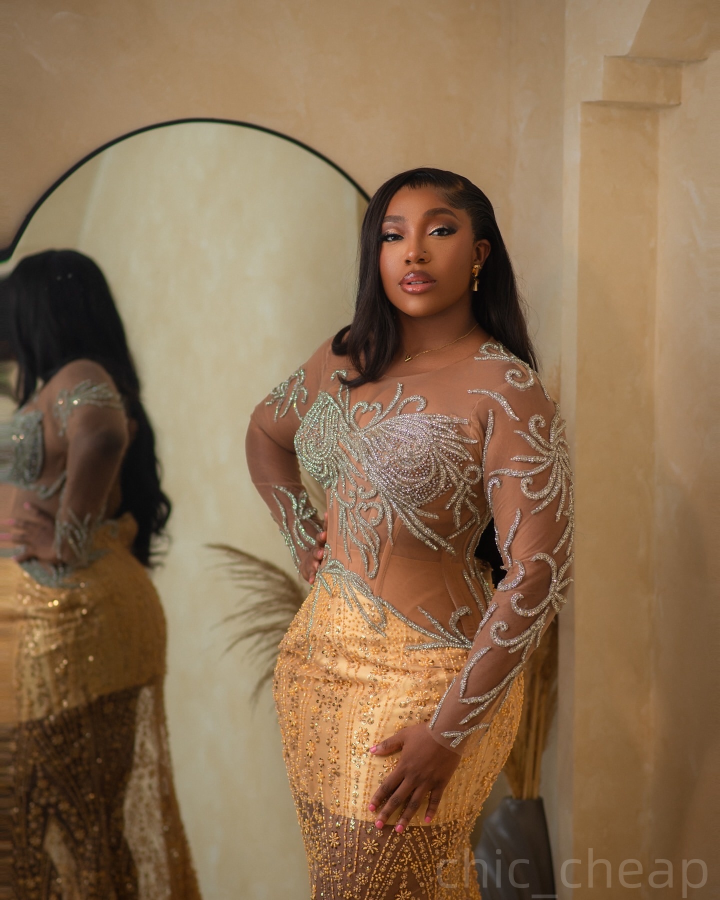 Gold Mermaid Prom Dresses 2025 Illusion Beaded Lace Sequined Evening Formal Party Second Birthday Engagement Gowns Plus Size Dress For Special Occasio
