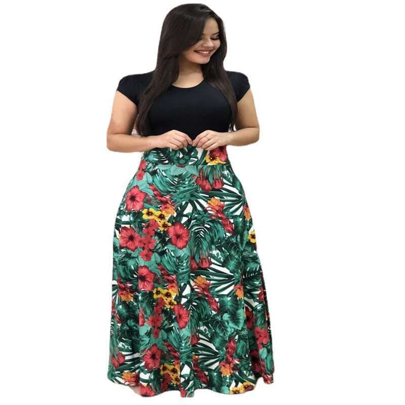 Maxi Dress Pop Style Floral Print Color Blocking Short Sleeved Oversized Dress For Women Floral Dress