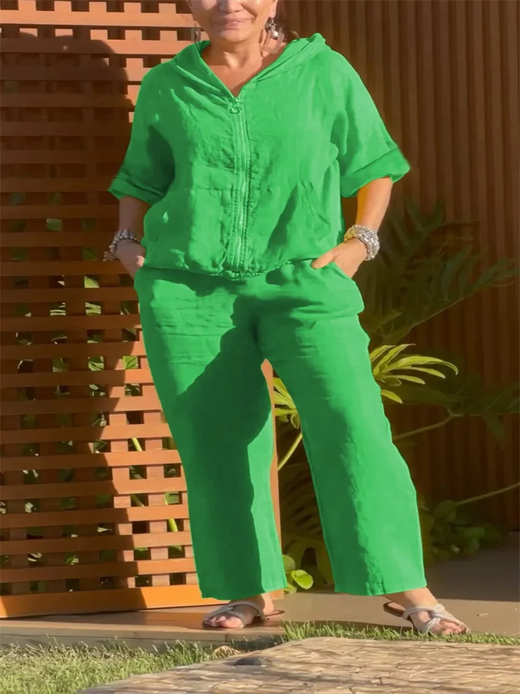 Plus size womens suit solid color cotton hemp fashion zipper hoodie top pants plus clothing 250513Z