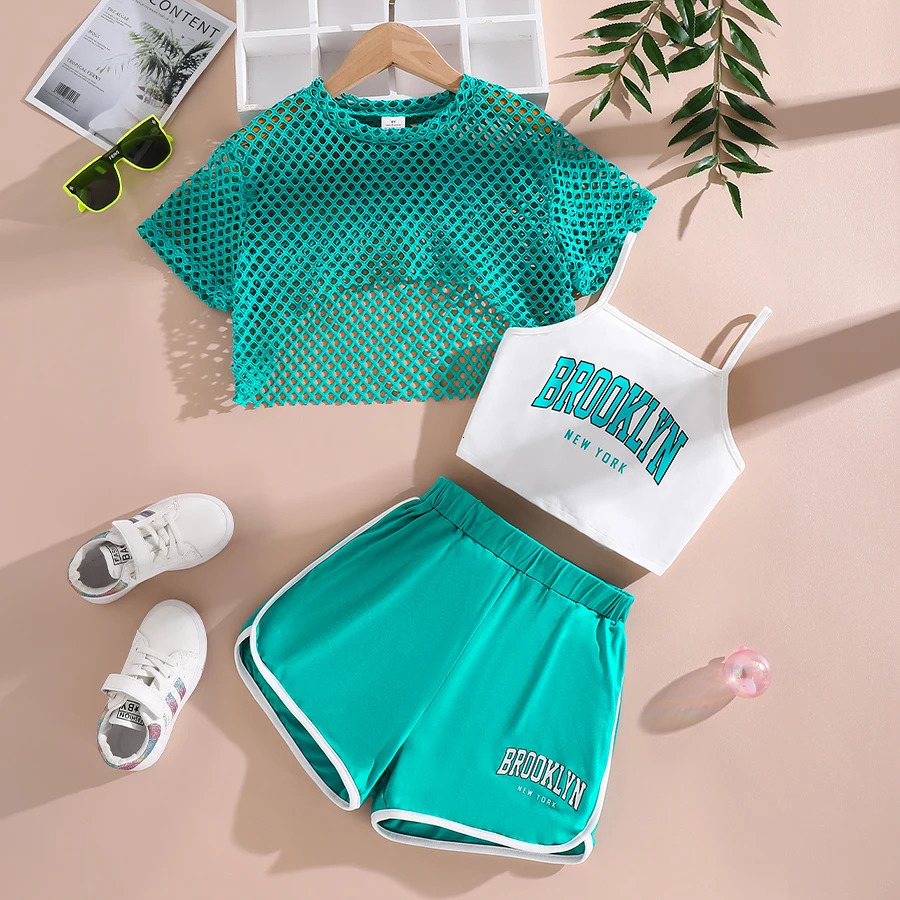 Summer girls fashion 3piece set cool and breathable mesh short sleeved Tshirtletter printed suspendershorts 250517z