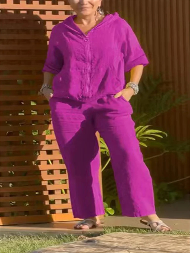 Plus size womens suit solid color cotton hemp fashion zipper hoodie top pants plus clothing 250513Z