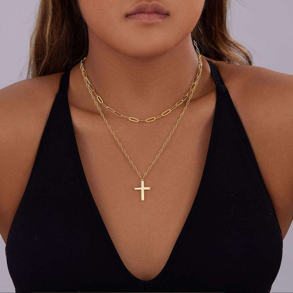 Ladies' layered gold stackable exquisite 14K gold-plated fashionable round paper clip chain pendant necklace, simple cross bow jewelry set, suita
