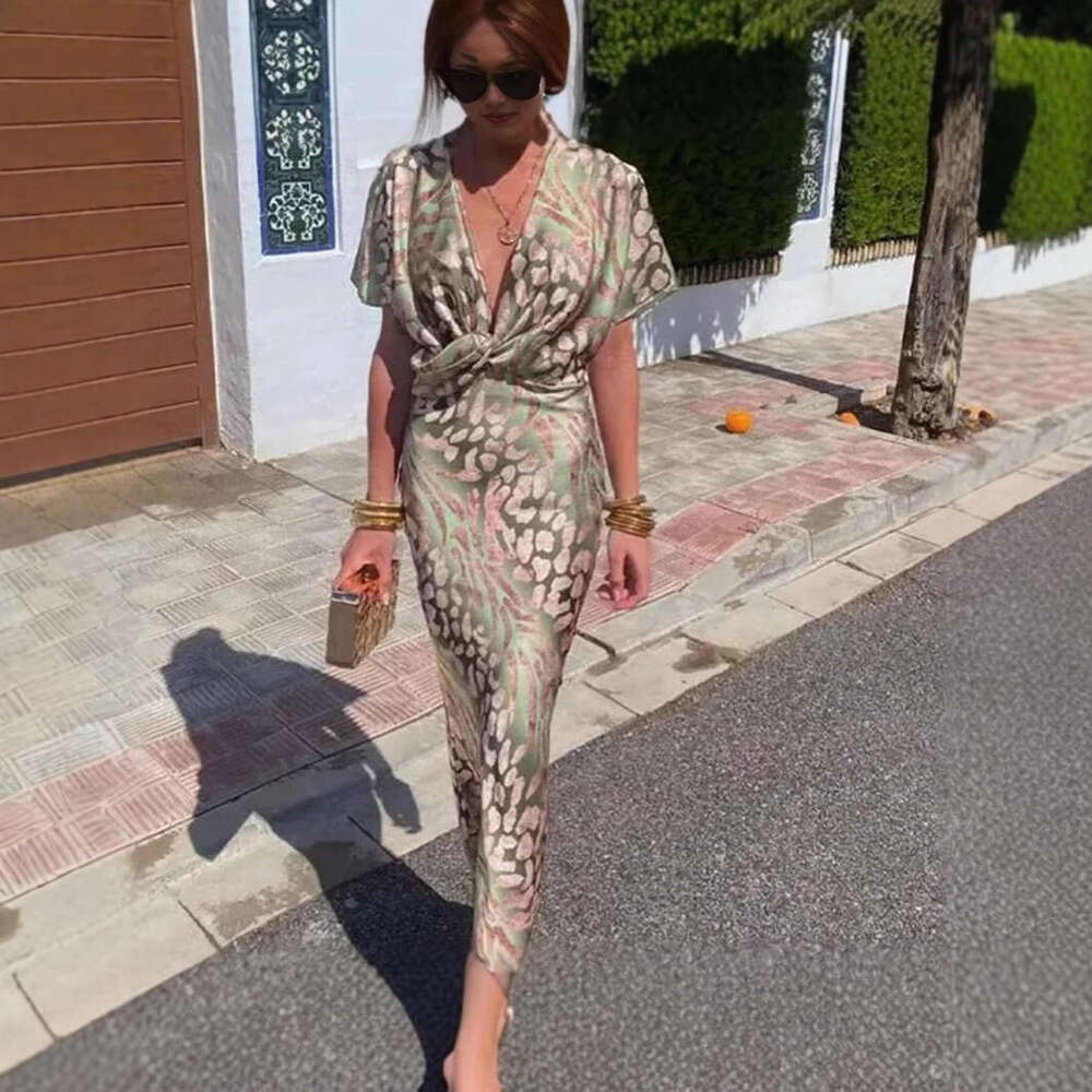 Maxi Dress Autumn New Women S Clothing Temperament Printed Sexy V Neck Cinched Waist Twisted Short Sleeved Dress For Women Floral Dress