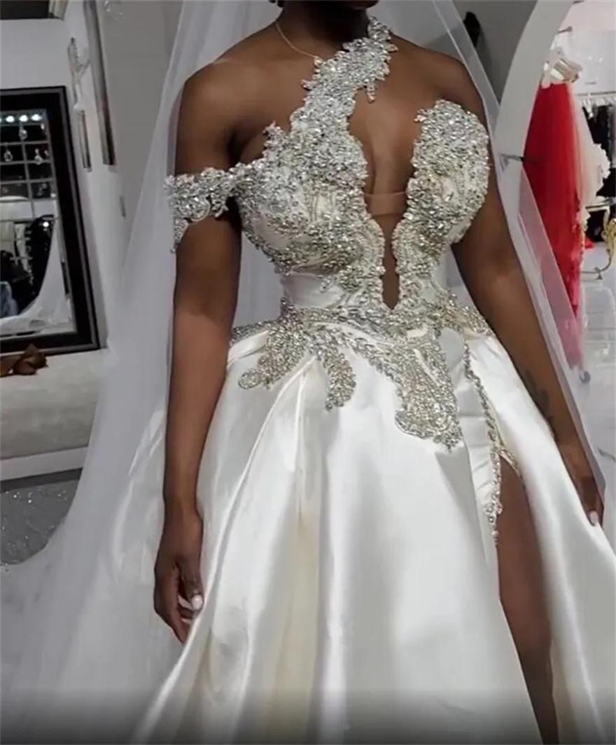 Luxury Crystals High Split Wedding Dresses One Shoulder Bridal Gowns With Overskirt African Sexy Satin Court Train Custom Made Robe De Mariee Mb626 - view 3
