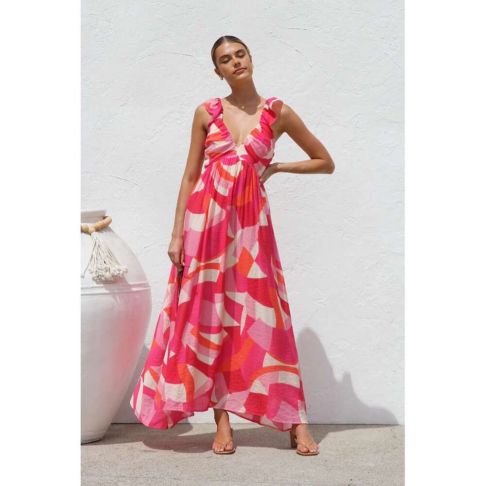 Maxi Dress Summer New Ins Same Style Printed V Neck Large Swing Strap Long Dress For Women Floral Dress