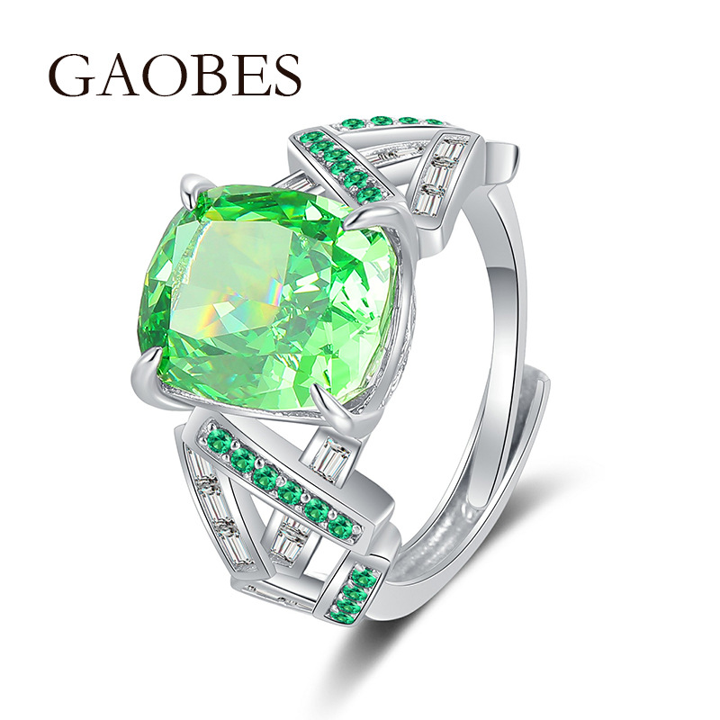 S925 Sterling Silver High Carbon Diamond Green Gemstone Adjustable Ring with Ice Flower Cut for Women