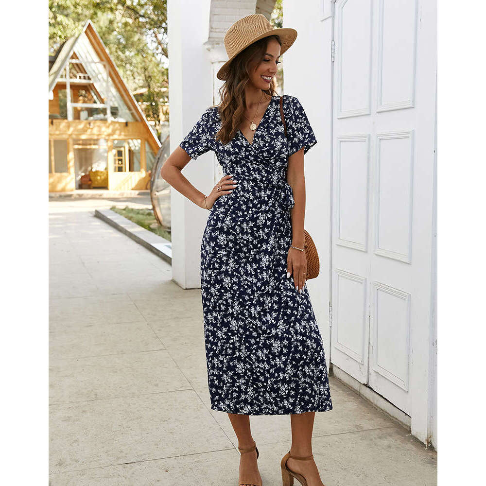 Maxi Dress Printed V Neck Short Sleeved Lace Up Cardigan Dress Long Skirt Floral Dress