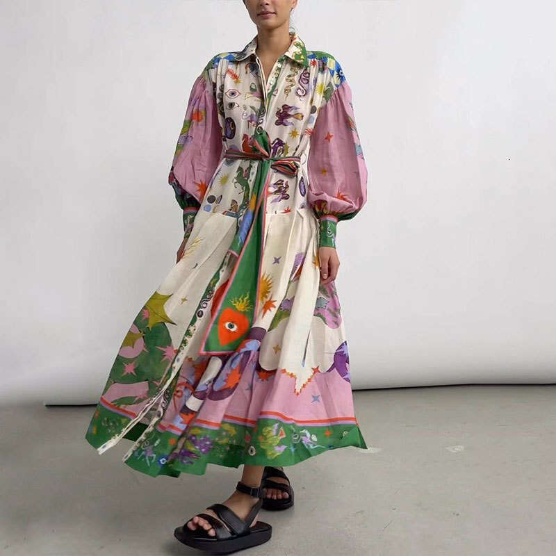 Maxi Dress Women S Casual Personalized Printed V Neck Tied Waist Long Sleeved Big Swing Dress For Women Floral Dress