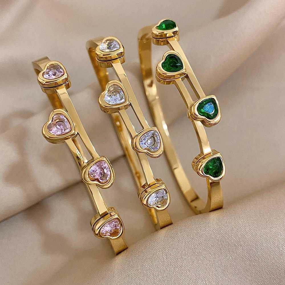 Greater Romantic Cubic Zirconia Heart Stainless Steel Bangles Bracelets for Women Gold Plated Jewelry Valentines Day Gift XJ250524