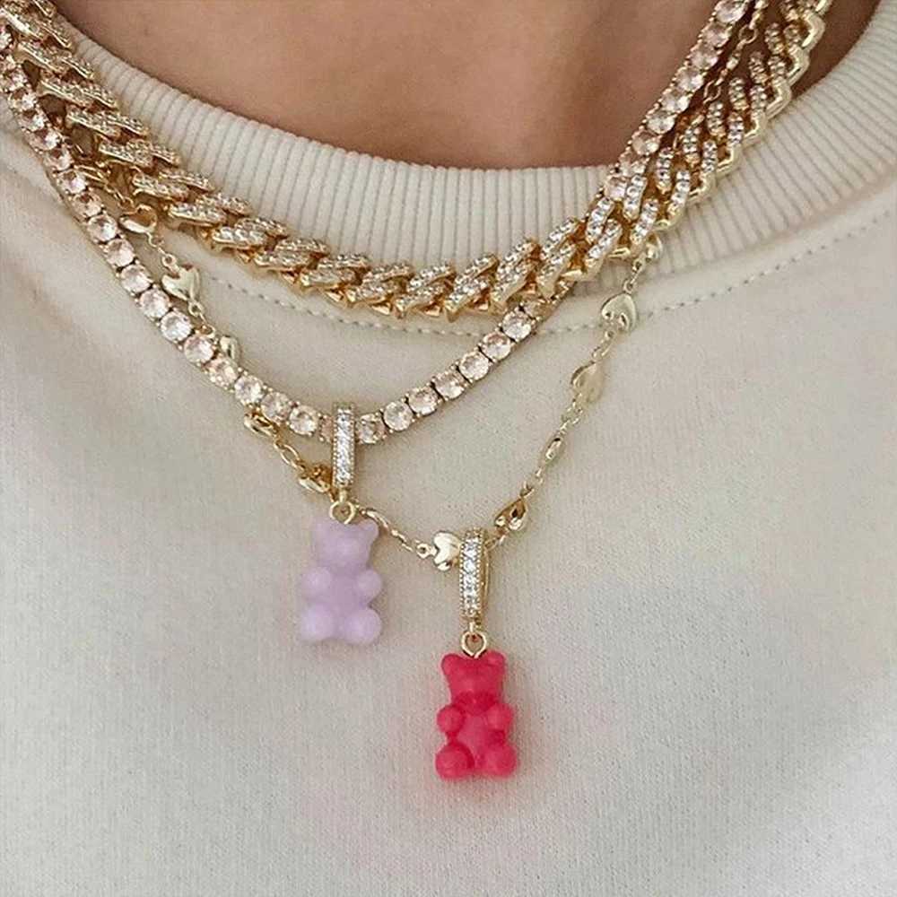 Punk Colorful Gummy Bear Pendant Metal Crystal Choker Necklace for Women Multi-layer Cute Bear Tennis Clavicle Chain New Jewelry XJ250524