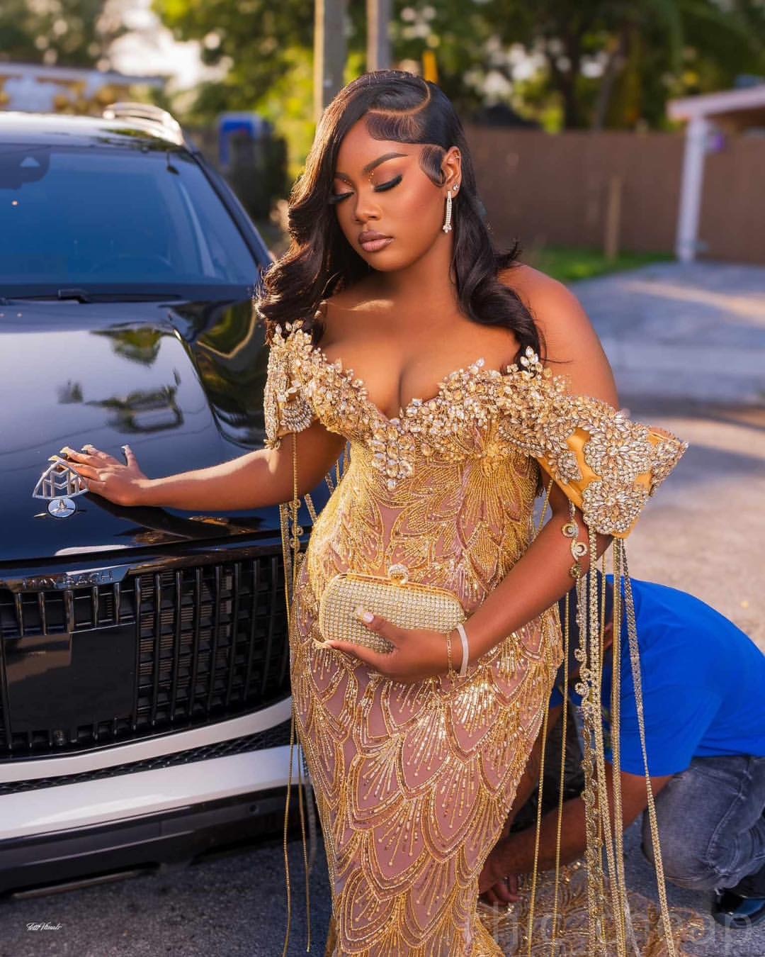 Gold Mermaid Prom Dresses 2025 Illusion Floral Crystals Tassels Evening Formal Party Second Birthday Engagement Gowns Plus Size Dress For Special Occa