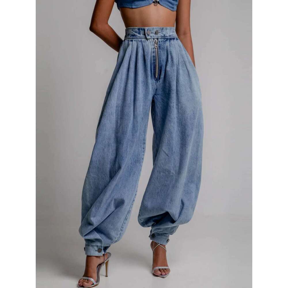 Women Pant High Waisted Zipper Denim Bloomers Pants Loose Vintage Streetwear Casual Harem Jeans Trousers