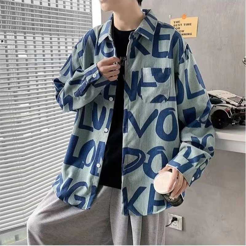 Spring and Autumn Corduroy Handsome Jacket Mens Korean Style Casual Loose Full Print Letters W250524