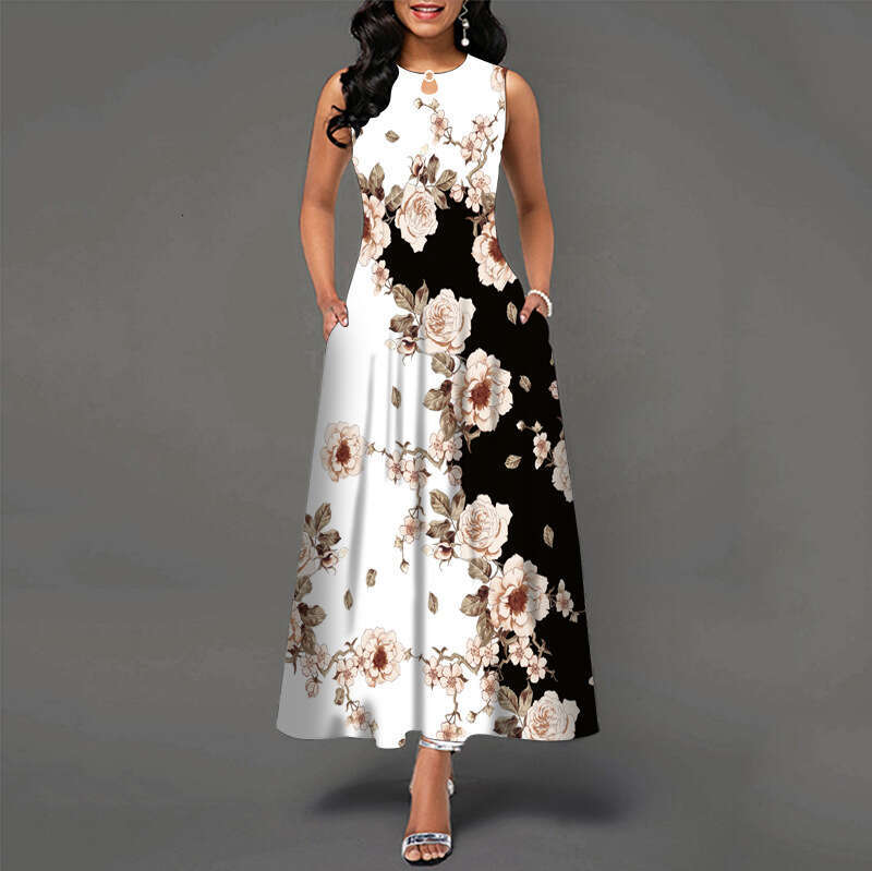 Maxi Dress V Neck Printed Sleeveless Long Dress Casual Beach Large Swing Skirt Long Dress