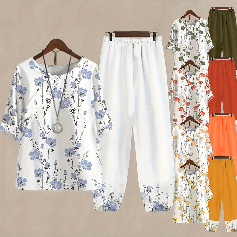 Plus size womens round neck spring and summer casual Chinese style nonelastic loose polyester fiber printed shortsleeved suit 250513Z