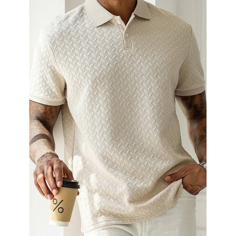 Spring Summer Mens High Quality Jacquard Polo Shirt Short Sleeve Heavyweight Casual T-Shirt Turn-Down Collar Fashion Button Up