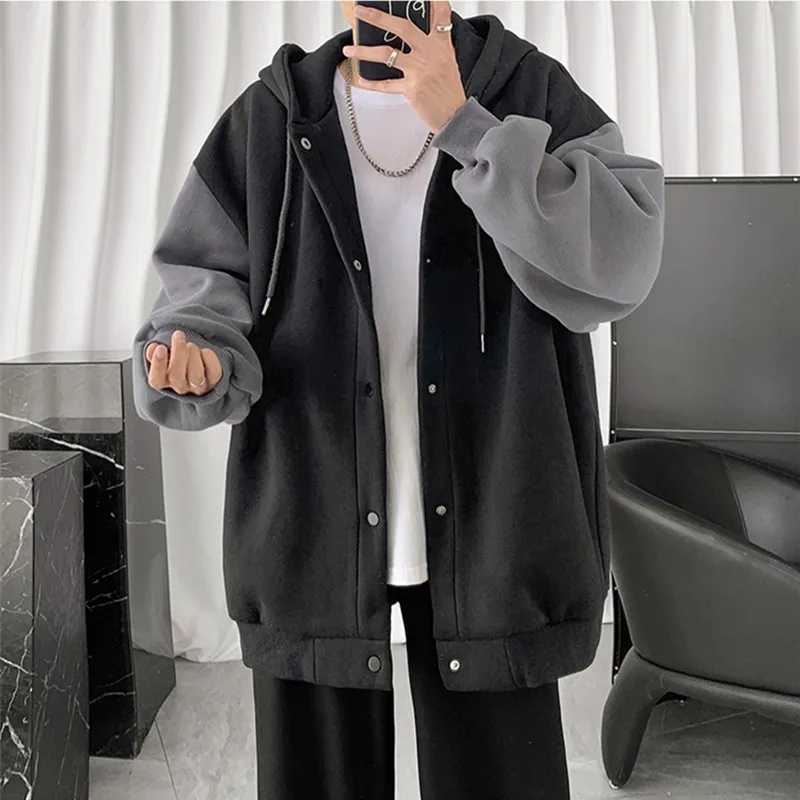 Hong Kong Wind Leisure Cardigan Coat Men 2024 Autumn New Korean Version of The Trend Splicing Loose Hoodie Lovers W250524