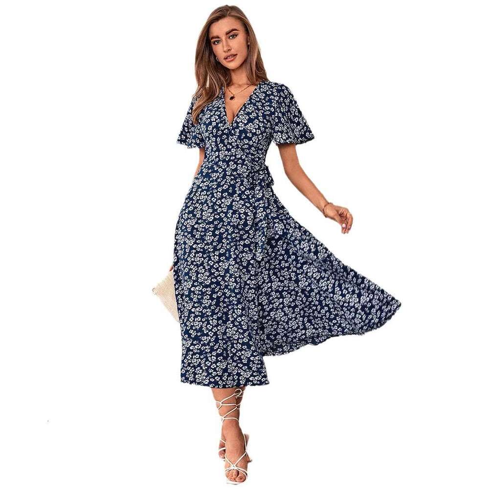 Maxi Dress Printed V Neck Short Sleeved Lace Up Cardigan Dress Long Skirt Floral Dress