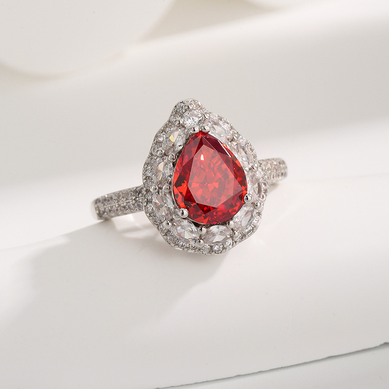 Luxury Pear-Shaped Gemstone Halo Ring with Diamonds, Available in Ruby, Emerald, Yellow Zirconia for Engagement or Special Occasions