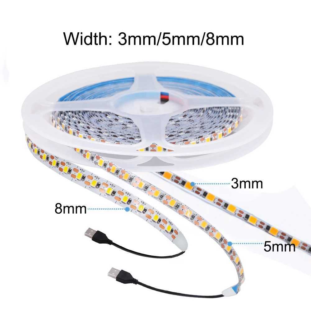 3MM 5MM 8MM Width DC 5V LED Strip 2835 120LEDs/m 1 LED Per Cut Flexible Tape IP20 No Waterproof Warm Natural Cool White 1M 2M 5M W250524