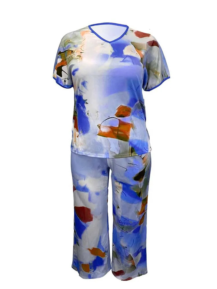 2 Piece Set Outfit Fashion Print Top and Trousers Female Clothing Summer Suit Pants for Ladies Casual Plus Size Clothes 250516Z