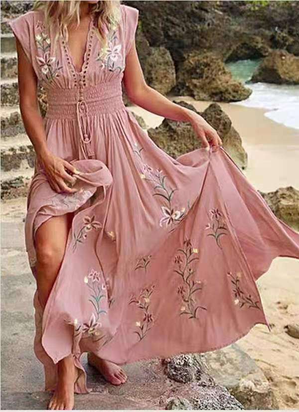 Maxi Dress New Summer Women S V Neck French Beach Bohemian Printed Dress Long Dress