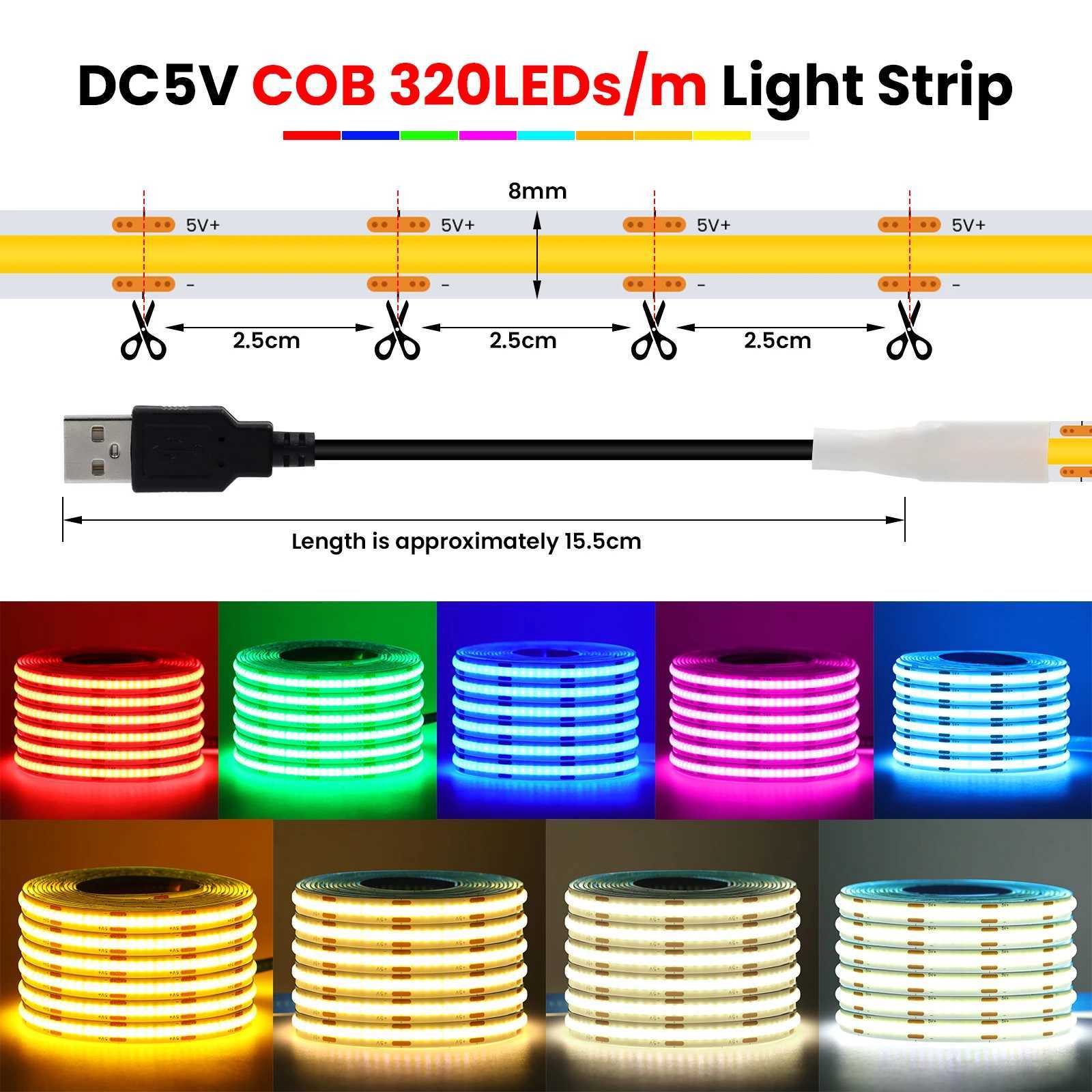 DC 5V USB COB LED Strip 8MM 320LEDs/m Battery Powered Flexible Ribbon Tape White/Pink/Red/Yellow/Ice Blue Room DIY TV Backlight W250524