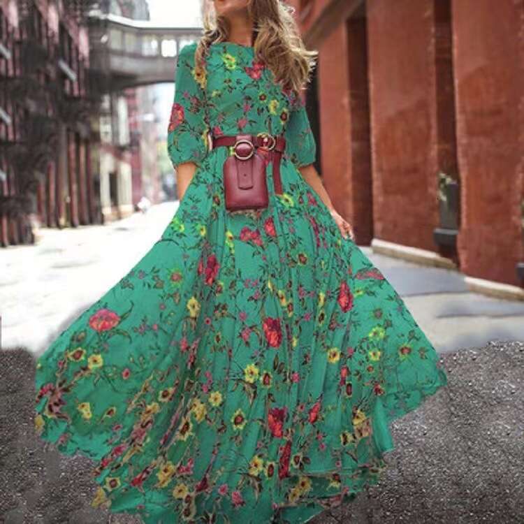 Maxi Dress Printed Long Skirt French Commuting Style Large Swing Round Neck Floral Dress Floral Dress