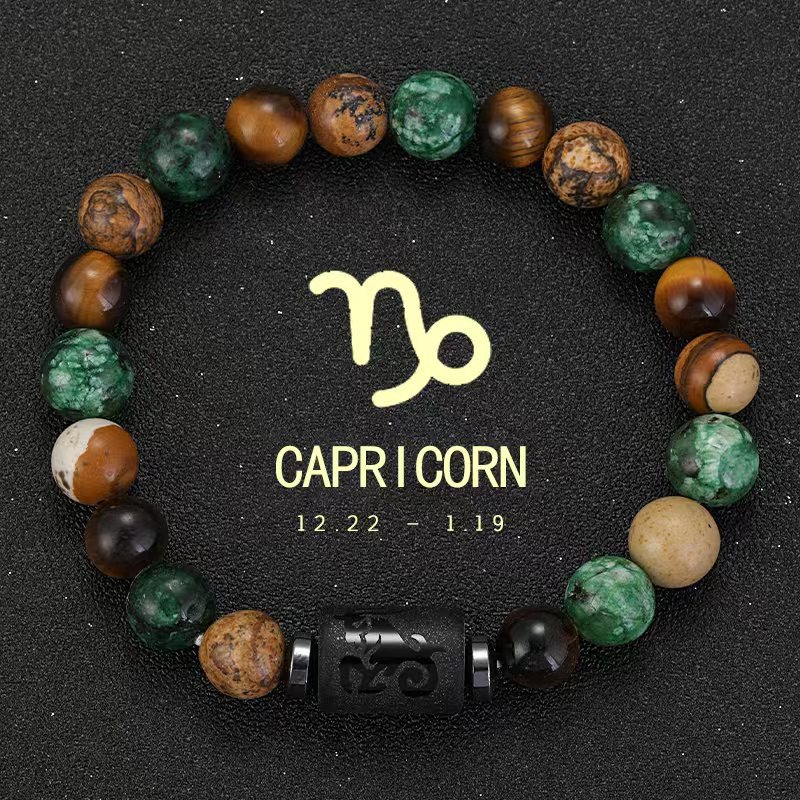 Zodiac Tiger Eye & Agate Picture Jasper Gemstone Bead Bracelets for All Astrological Signs