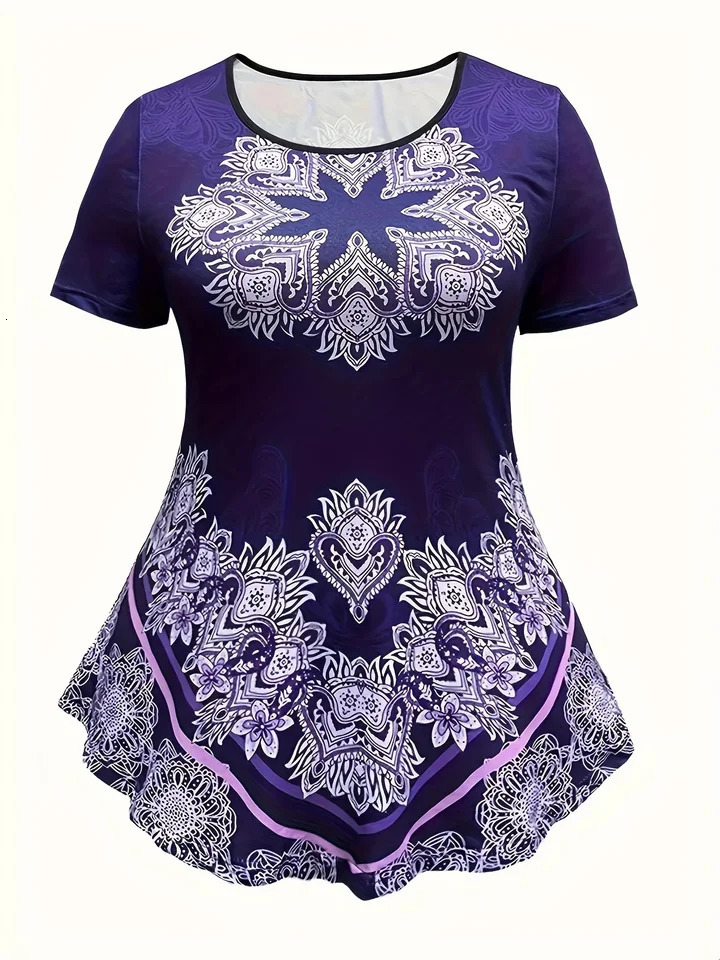 Plus Size Summer Leisure Lady Flower Print TwoPiece Large Round Neck Short Sleeve Jacket Tight Cropped Trouser Suit 250513Z