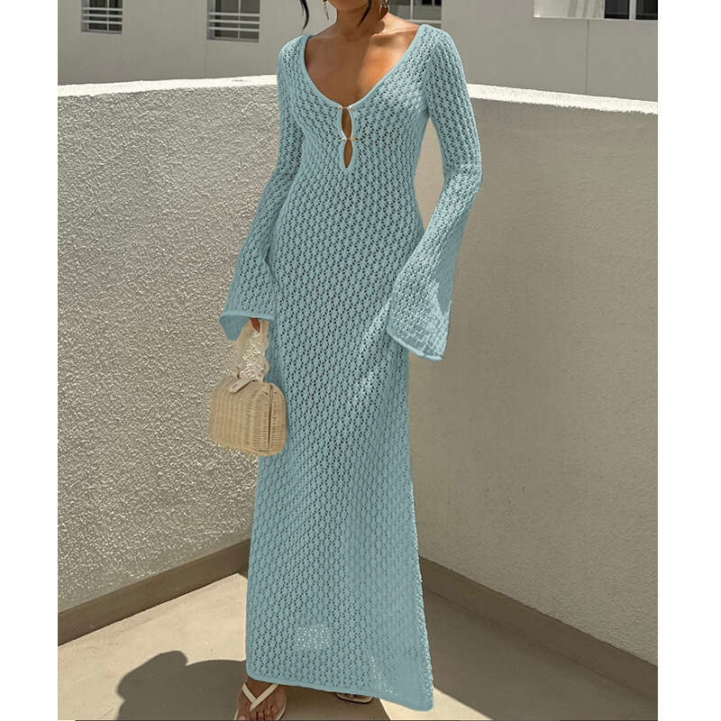 Maxi Dress New Hollowed Out Texture V Neck Round Button Sleeved Vacation Dress Beach Sunscreen Backless Long Skirt Long Dress