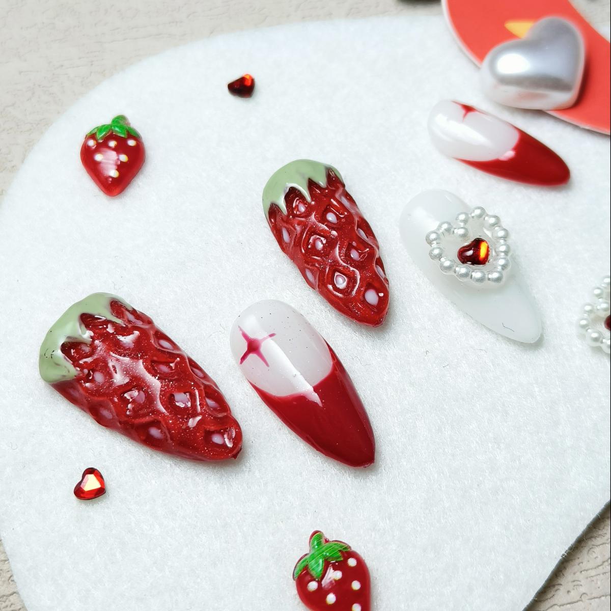 10pcs FrenchTips Handmade Press-on nail Medium Almond Nails Bundle Hand drawn 3D Love Strawberry Sweet Fake nails Finished nail stickers