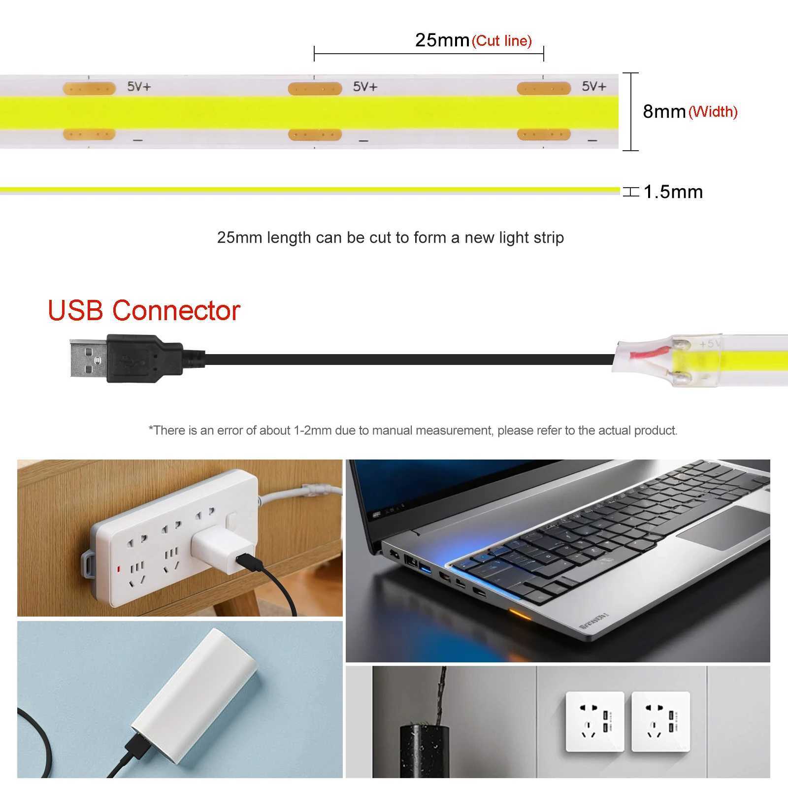 USB 5V COB LED Strip Light Super Bright 320LEDs/m High Density Linear Lighting Flexible Tape Warm/Natural/White 1M 2M 3M 4M 5M W250524